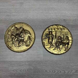 Vintage English Brass Repoussé Wall Plaques Tavern Scene Horse & Carriage 2 - 6"